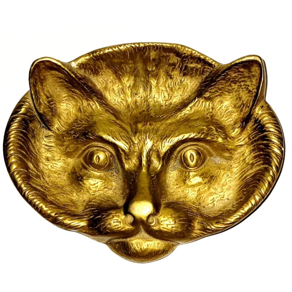 Vintage Cat Face Brass Trinket Dish